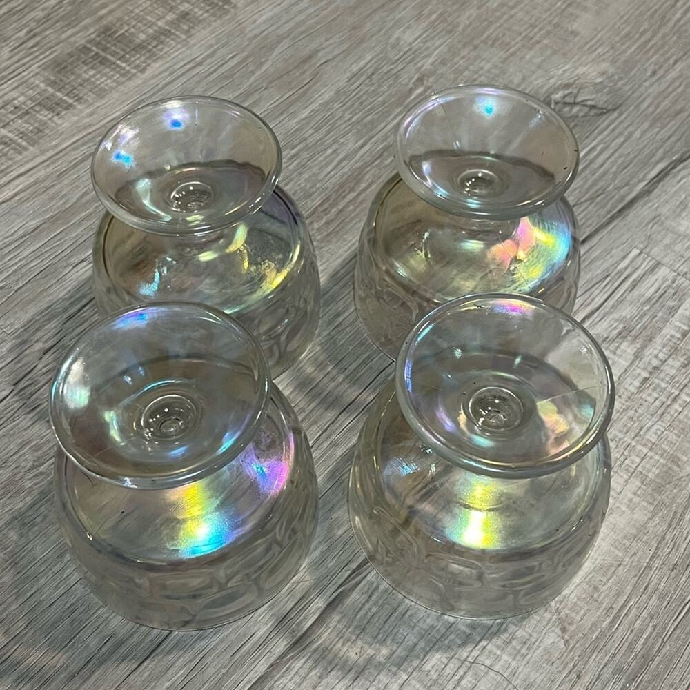 Vintage 4pc Aurora Iridescent Footed Dessert Cups Thumbprint Optic Federal Glass - Picture 9 of 9